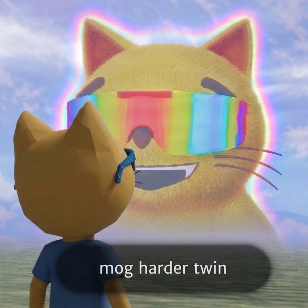 A giant MOG in the sky telling a smaller cat to mog harder.